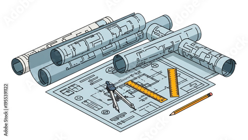 Architectural blueprints with tools and rolled plans on a table