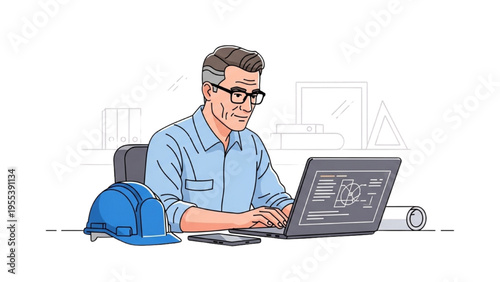 A man works on a laptop with a blue helmet nearby at his workplace desk.
