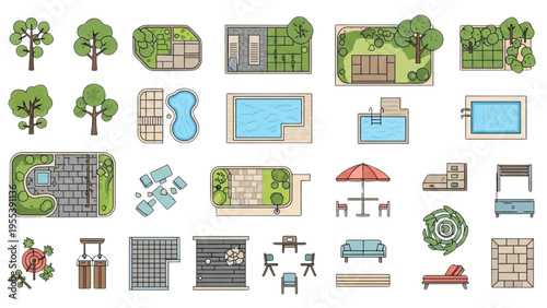 Various outdoor spaces and furniture are illustrated with trees and pools.