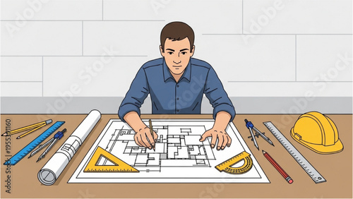 Man working on architectural blueprint with tools and hard hat nearby indoors