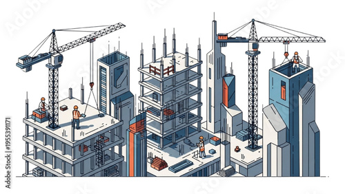 Construction workers build skyscrapers with cranes in the city downtown area