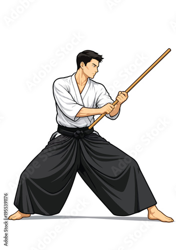 074-42-Man in hakama uniform training with a traditional wooden jo staff weapon