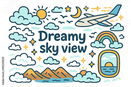 Dreamy Sky Wonderland. Dreamy sky view. Hand-drawn doodle illustration of dreamy sky view. Clouds, sun, stars,