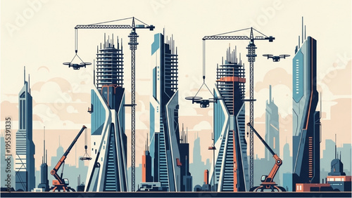 Construction workers build futuristic skyscrapers with cranes and drones in cityscape