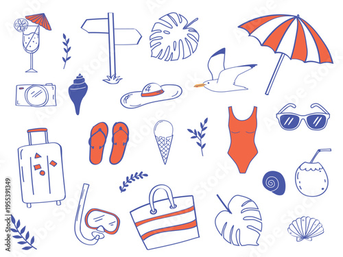 Hand Drawn Summer Holiday Icons Beach Elements Collection in blue ink style. 
