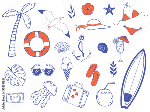 Hand Drawn Summer Holiday Icons Beach Elements Collection in blue ink style. 