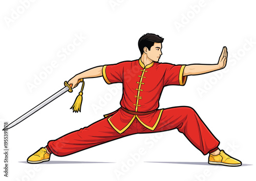 074-46-Asian man in wushu uniform practicing martial arts with a sword