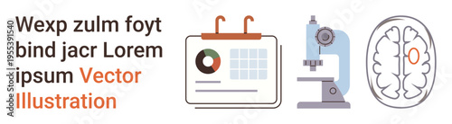 Scientific research, medical diagnostics, healthcare planning, education, brain studies, data visualization. Calendar, microscope and brain illustration. Scientific research and medical diagnostics