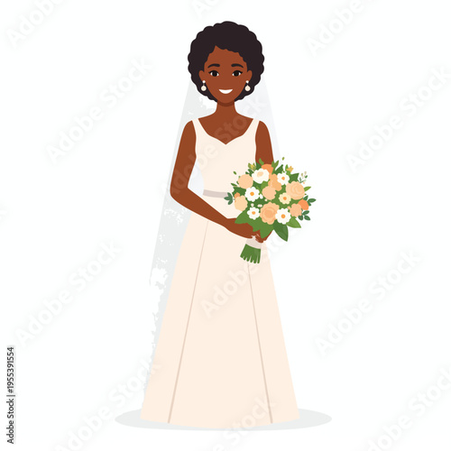 The dark-skinned woman wearing a wedding dress and holding flowers