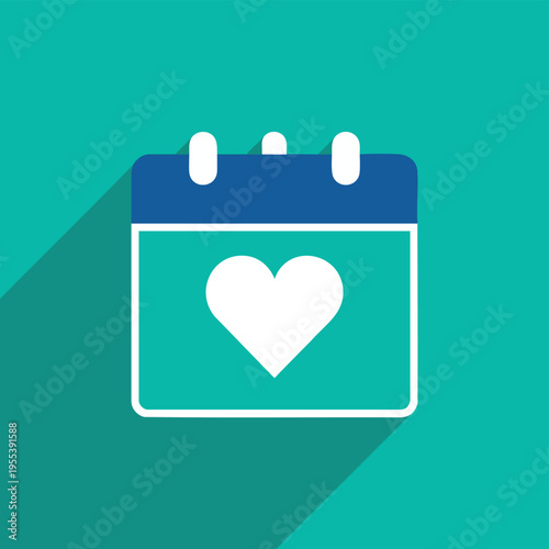 A heart shaped calendar icon displays on a green background with shadow