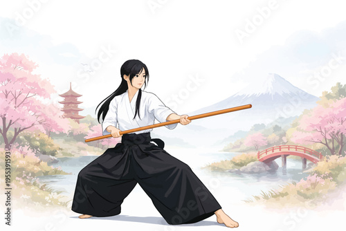074-50-Man in hakama uniform training with a traditional wooden jo staff weapon