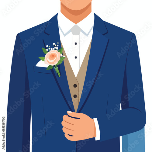 Man in blue suit with peach rose boutonniere adjusts vest