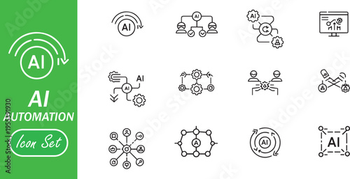 AI Automation Management Icon Set: Artificial Intelligence Operations, Digital Integration, and Smart System Workflow Line Icons