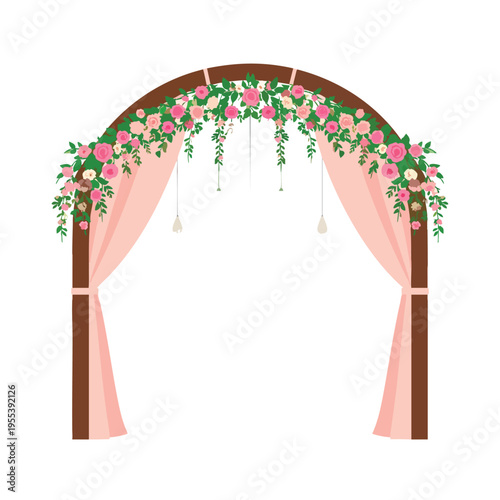 A beautifully decorated wedding arch with flowers and pink curtains stands in a ceremony