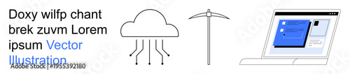 Technology, data mining, cloud computing, cybersecurity, digital transformation, networking. Cloud icon with network lines, pickaxe and laptop screen displaying data. Cloud computing and data mining