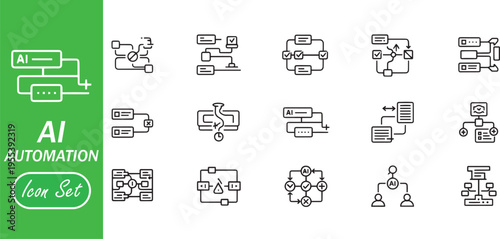 AI Automation Workflow Icon Set: Artificial Intelligence Algorithm, Data Processing, and Logic Flow Line Icons