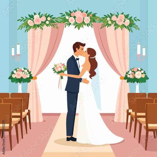 Bride and groom share a romantic kiss under a floral archway at their wedding ceremony in a beautifully decorated venue.