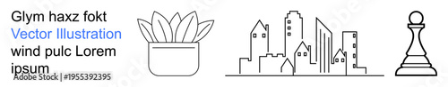 Growth , urban planning, business strategy, modern lifestyle, minimal design, conceptual ideas. Features a potted plant, cityscape and chess pawn. Growth and urban planning