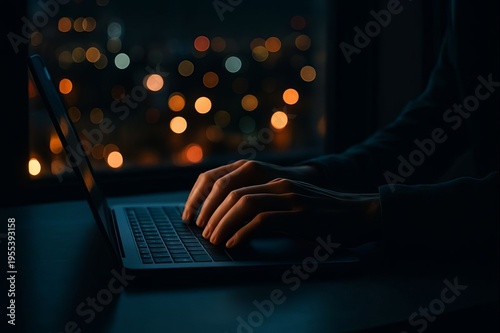 Person working on laptop at night with city lights background
