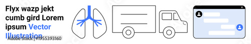 Healthcare logistics, respiratory care, telemedicine, online healthcare communication, technology integration, medical diagnosis. Stylized icons of lungs, a truck and a chat window. Respiratory care