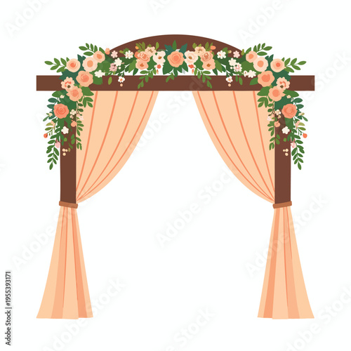 A beautifully decorated wedding arch stands outdoors with peach curtains and flowers