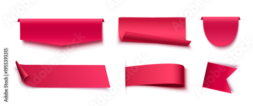 Set of red paper ribbon banners with curled edges realistic 3D labels isolated on transparent background