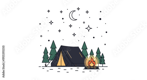Camping night scene with tent, campfire, moon, and stars in a flat vector illustration style.
