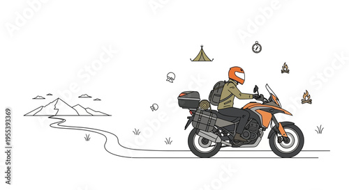 Motorcyclist on adventure bike riding on a dirt road towards mountains, minimalist illustration