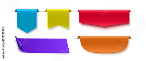 Set of colorful paper ribbon banners with curled edges realistic 3D labels isolated on transparent background