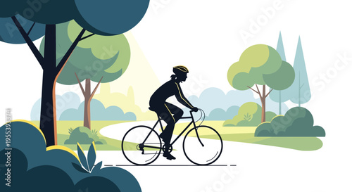 Silhouette of person cycling on a path through a lush green park with trees and sunlight.