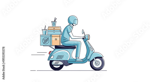 Delivery scooter rider with packages and coffee, fast food delivery service, modern illustration