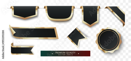 Premium black and gold paper ribbon banners and badges set with luxury metallic edges realistic labels isolated on transparent background