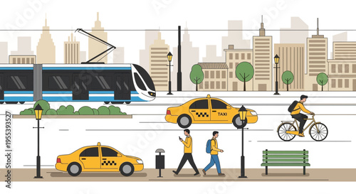 Urban transportation scene with tram, taxis, cyclist, and pedestrians in city.
