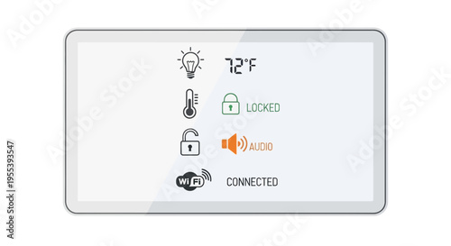 Smart Home Control Panel Displaying Temperature, Lights, Lock Status, Volume, and Wi-Fi Connection