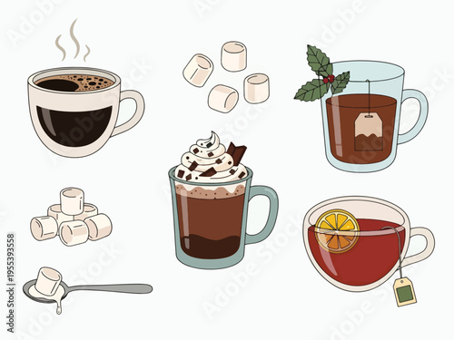 Collection of hot beverages including coffee hot chocolate and tea with marshmallows