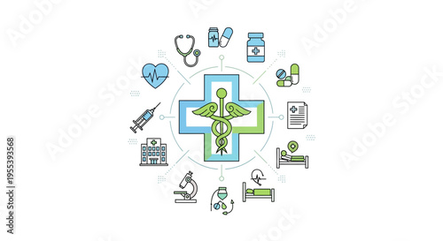 Medical Health Care Icons Circle Around Caduceus Symbol and Plus Sign