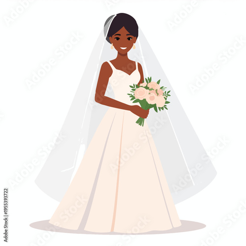 A smiling dark-skinned woman in a wedding dress holding a bouquet stands elegantly
