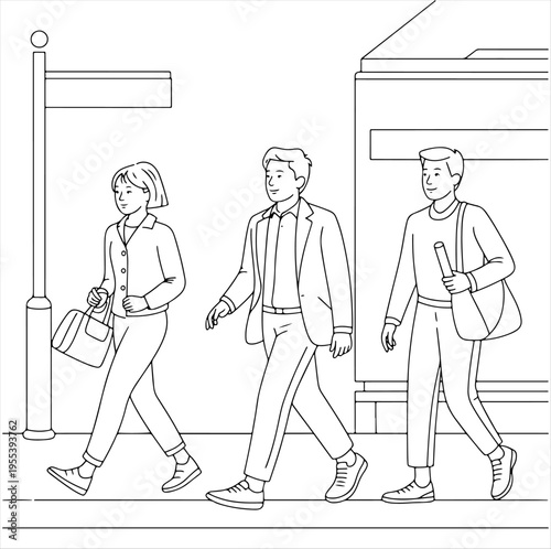 Line drawing of three people walking in city street, everyday life illustration 