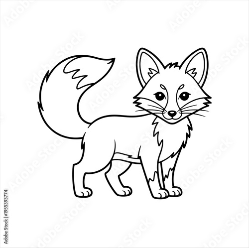 Cartoon fox line drawing with bushy tail and pointed ears, perfect for coloring page or children’s art