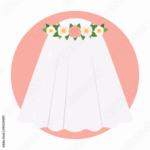 A white wedding veil adorned with floral garland on a pink circular background