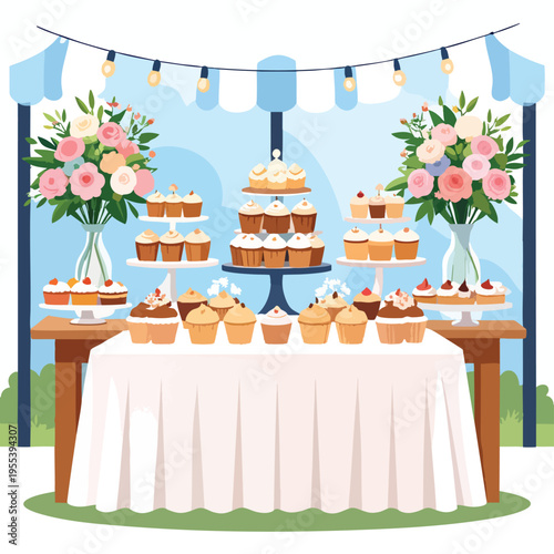 A vibrant outdoor celebration features a lavish dessert table with assorted cupcakes and decorations under string lights.