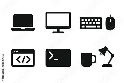 Developer Workspace Icons. Modern software developer workspace. Filled icon set of Modern software developer