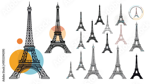 Diverse collection of eiffel tower sketches and icons in various artistic styles for travel and landmark branding.