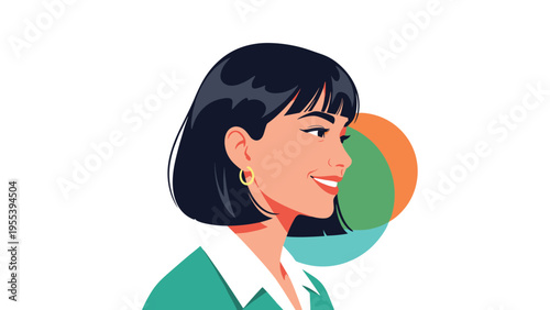 Stylized side profile portrait of a smiling woman with a short black bob haircut and gold hoop earrings against colorful circles.