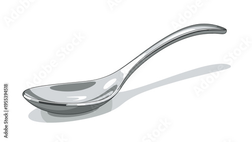 Shiny silver metal spoon with a polished reflective surface casts a soft gray shadow on a clean white background illustration.