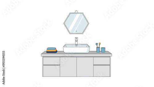Modern minimalist bathroom interior shows a white rectangular sink on a light gray vanity with a hexagonal mirror above it.