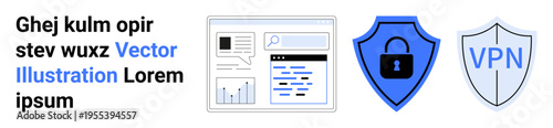 Cybersecurity, safe browsing, online privacy, data encryption, VPN connection, internet protection. Visual of charts, lock shield and VPN secure shield. Cybersecurity and privacy concept
