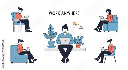 Work Anywhere Concept: Remote Freelance Business People Using Laptops in Various Locations
