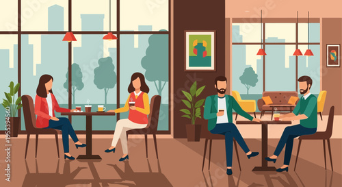 People relaxing in a modern cafe interior with city view, enjoying drinks