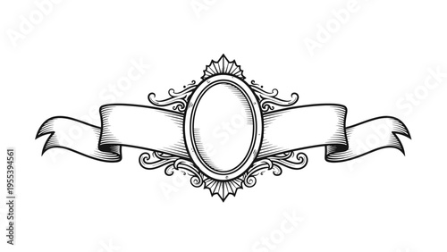Ornate vintage style frame features a central oval medallion and a long banner ribbon with intricate decorative scrolls and lines.